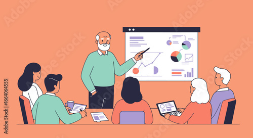 Business Presentation with Diverse Team and Charts.