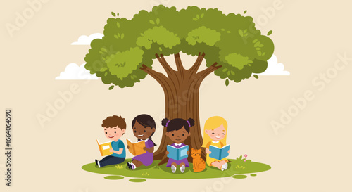 Children Reading Books Under a Shaded Tree.