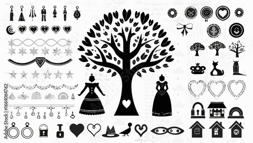 A collection of various black and white clip art images including trees, people, hearts, and decorations silhouette