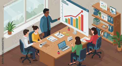 Business Team Meeting with Presentation and Data Analysis.