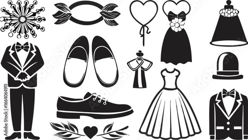 Illustration of wedding themed items including dresses suits shoes and decorative elements in black and white silhouette
