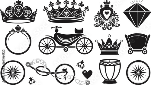 Illustration showcasing crowns, a ring, a carriage, a diamond, a heart, and other decorative elements silhouette