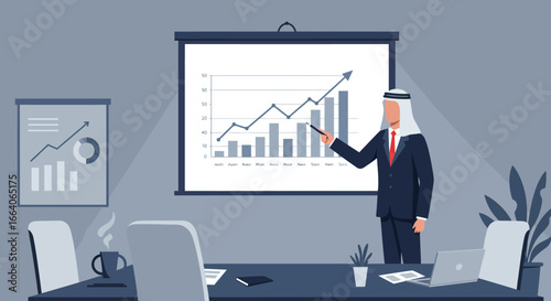 Arab Businessman Presenting Financial Growth on Screen.