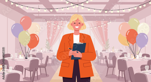 Smiling Event Planner Holding Clipboard in Venue.