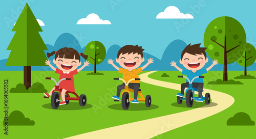 Happy Children Riding Tricycles in a Park Joyful Scene.
