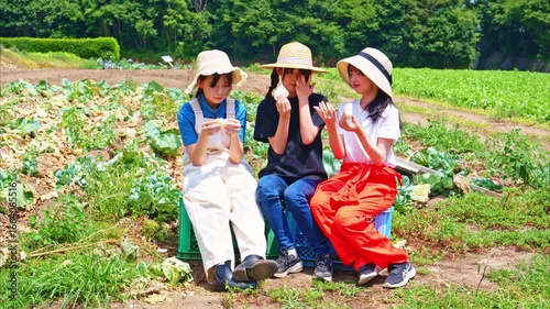 夏の高原で麦わら帽子をかぶった日本人の女の子たちが白いおにぎりを持って座る