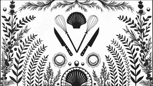 Black and white culinary scene with kitchen tools and botanical elements in a decorative arrangement artful design silhouette