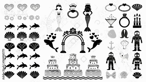 A collection of wedding themed icons including mermaids cakes and nautical elements in black and white style silhouette