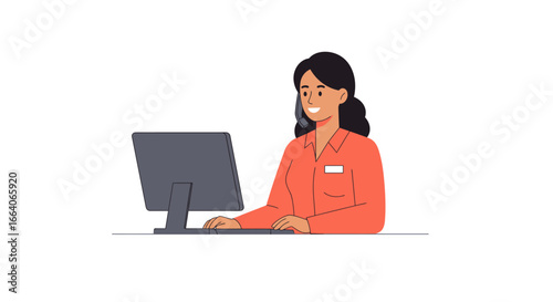 Smiling Customer Service Representative Working at Computer.