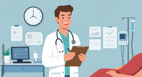 Smiling Doctor Holding Clipboard in Medical Examination Room.