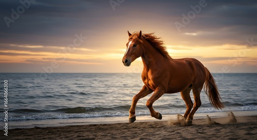 Chestnut Horse Galloping on a Beach at Sunset
