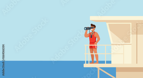 Lifeguard Observing Ocean with Binoculars from Tower.