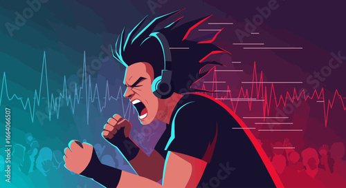 A powerful flat design illustration capturing the intense energy of a festival-goer vigorously headbanging, surrounded by vibrant, abstract sound waves.