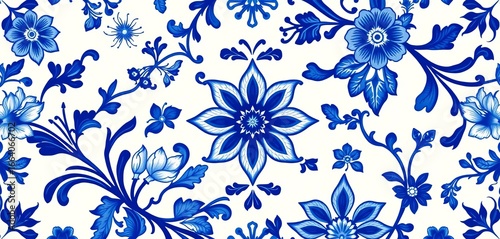 Intricate blue & white porcelain floral pattern, Renaissance style, wedding invitation mockup, scroll, luxury