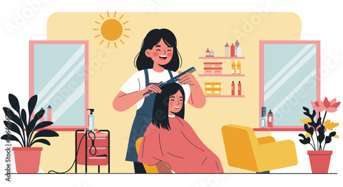 Hairdresser Combing Clients Hair in Salon Setting.