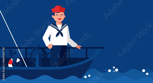 Smiling Sailor Standing on Ships Deck Vector Illustration.