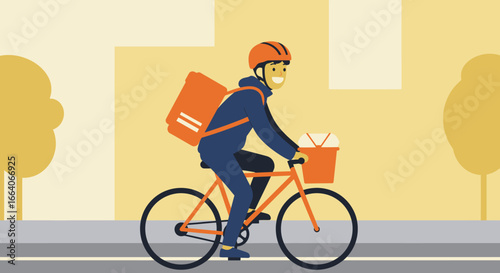 Smiling Delivery Cyclist with Orange Backpack and Basket.