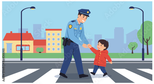 Policeman Helping Child Cross Street Safely.