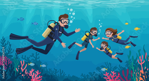 Family of Scuba Divers Exploring Underwater World Together.