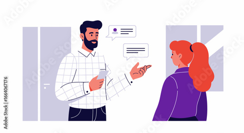 Man Explaining with Speech Bubbles and Phone.