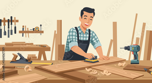 Smiling Carpenter Sanding Wood Plank in Workshop.