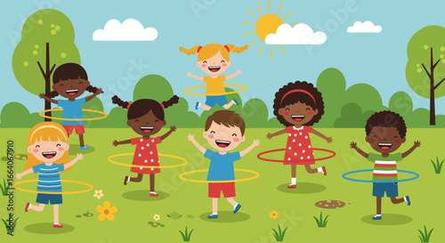 Cheerful Children Playing with Hula Hoops Outdoors.