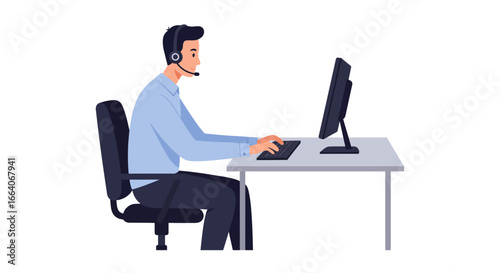 Customer Service Representative Working at Computer with Headset.