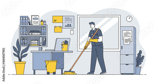 Office Cleaner Sweeping Floor with Broom Illustration.
