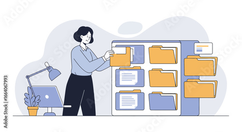Woman Organizing Files in Digital Filing System.