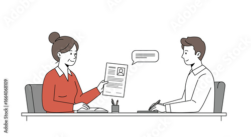 Job Interview Illustration: Applicant and Interviewer Discussing Resume.