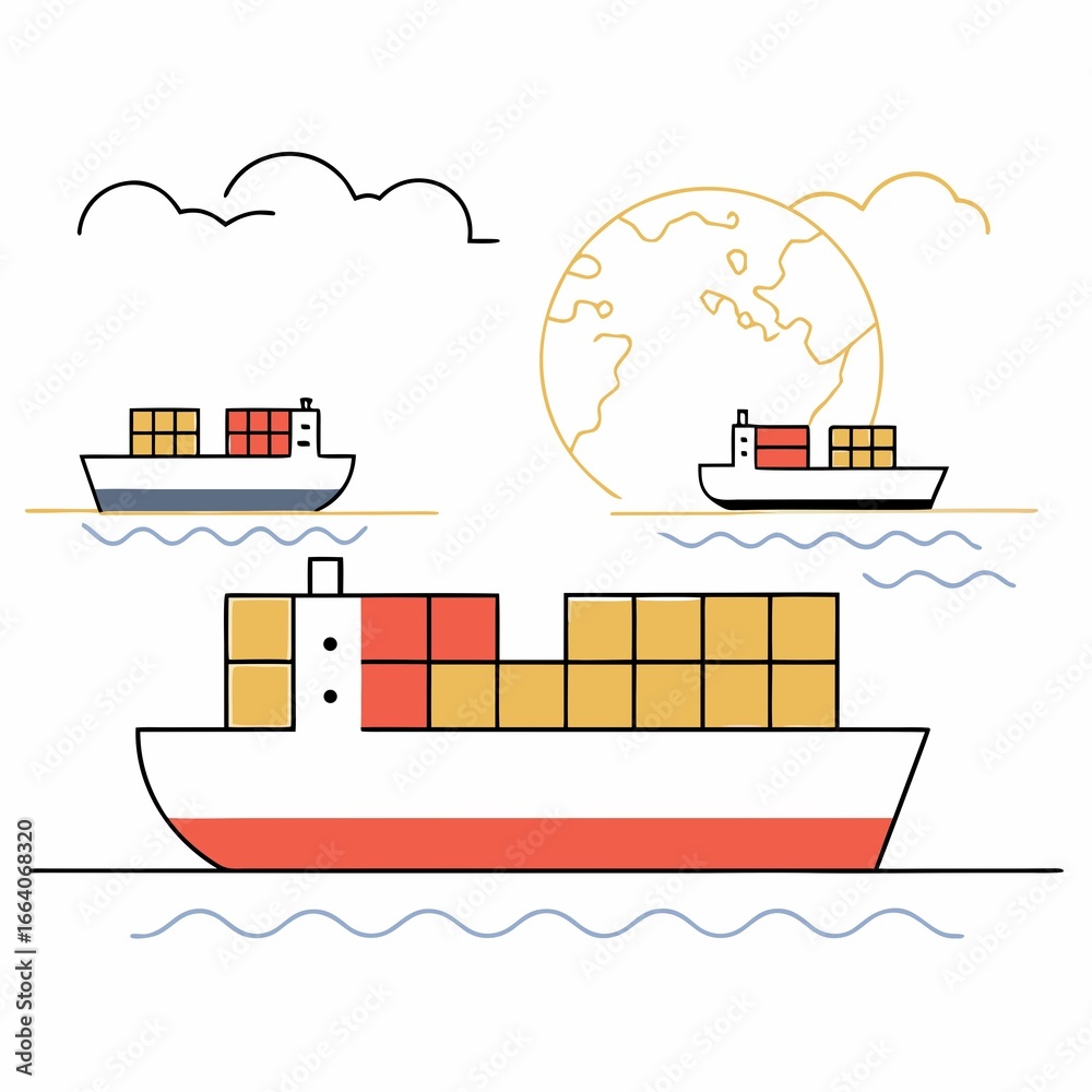 Obraz premium Vast transportation and shipping vessels, from nautical cargo container ships to cruise yachts and sailing boats, traverse the deep blue sea