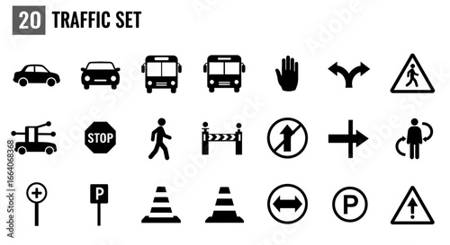 Unique Traffic Sign Vector Icons Set in Flat Line Silhouette and Geometric Style