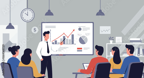 Business Presentation with Charts and Audience Illustration.