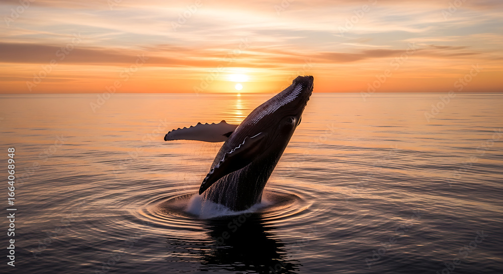 Fototapeta premium Humpback whale breaching the ocean surface at sunset with golden light reflecting on the water