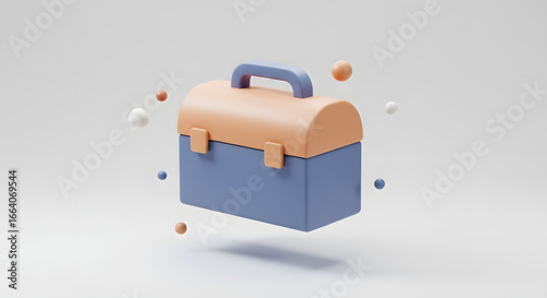 Pastel 3D Toolbox Icon Floating with Abstract Spheres. Minimalist Tool Kit Concept.