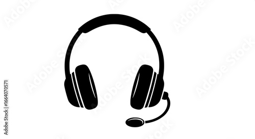 Professional black silhouette of a modern headset featuring a built-in microphone, ideal for clear audio communication, remote work, online learning, and gaming sessions