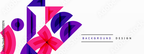 Abstract geometric shapes, pinks, purples dominate white space. Modern design elements create dynamic visual impact.