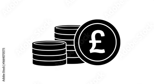 Simple black and white vector icon depicting stacked British Pound Sterling coins representing finance, investment, and business concepts