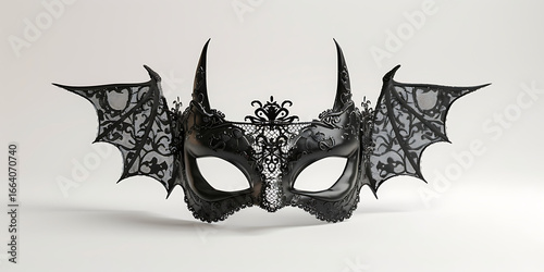 Ornate black bat wing masquerade mask with horns, perfect for costume parties and Halloween events.