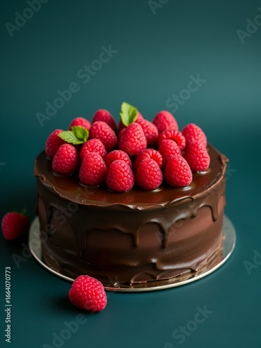 Decadent chocolate cake adorned with fresh raspberries on a dark green background