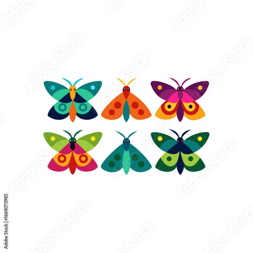 6 emperor moth icons  vector  colorful  white 
