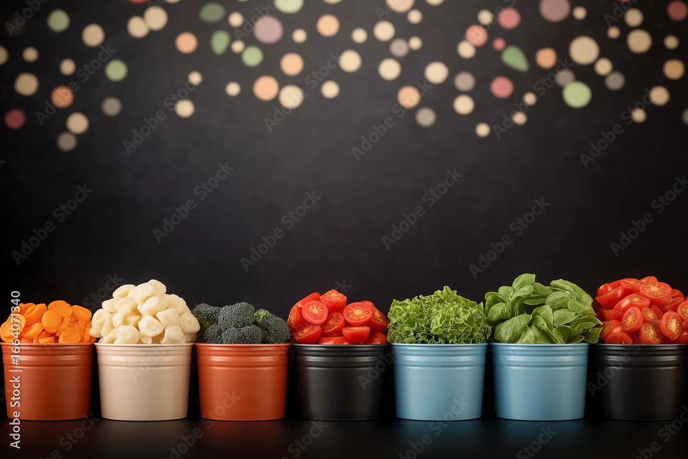 Fototapeta premium Fresh vegetables in decorative buckets on a black surface.