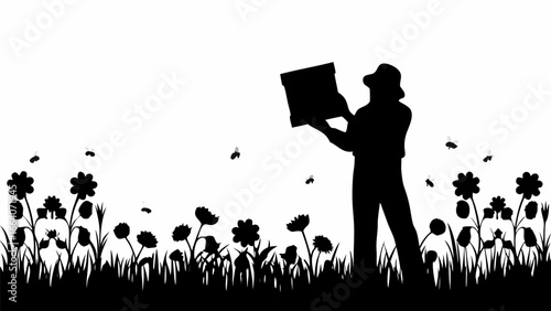 Silhouette of beekeeper holding beehive box surrounded by flying bees and flowers in a field landscape