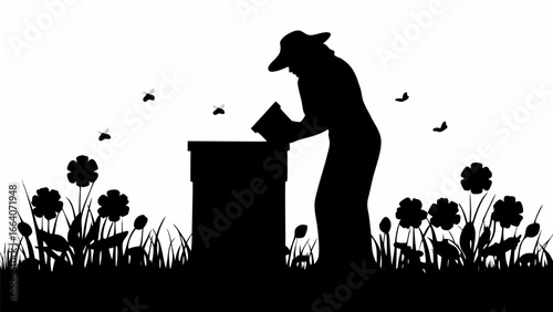 Silhouette of a beekeeper tending to a beehive surrounded by flowers and flying bees in a black and white scene
