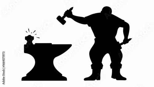 Silhouette of a blacksmith hammering metal on an anvil with sparks flying in a blacksmithing scene