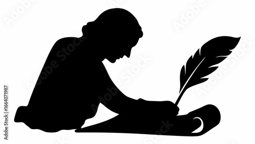 Silhouette of a person writing on a scroll with a quill pen in black and white illustration style