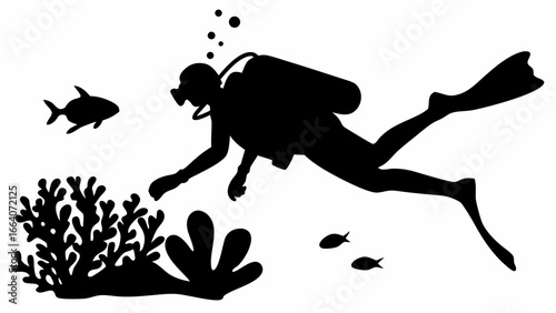 Silhouette of a scuba diver exploring coral reefs with fish swimming nearby in an underwater scene view image