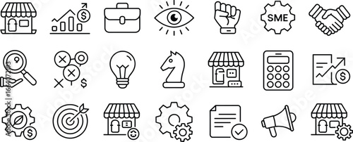 Business startup icons, finance growth, marketing strategy, small enterprise, innovation, entrepreneurship, investment planning, SME solutions, management, digital success, teamwork collaboration