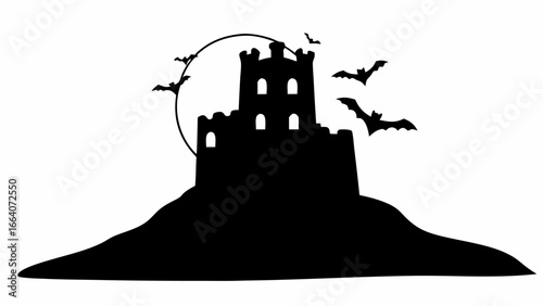 Silhouette of a castle on a hill with bats flying around it under the moonlight in a spooky atmosphere