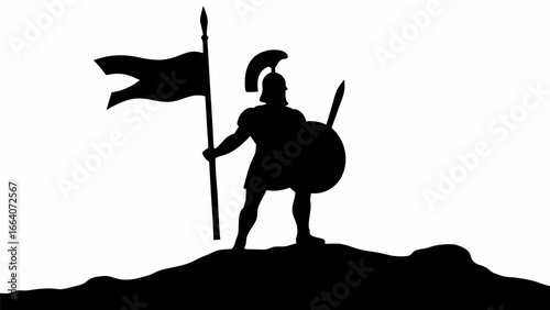 Silhouette of a spartan warrior with shield and spear standing on a hill with a flag waving above him